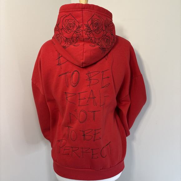 Reason Red Graphic Embroidery Hoodie Roses Be Real Not Perfect Unisex M - Picture 5 of 15